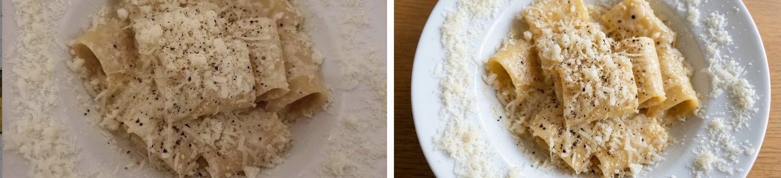 Rigatoni cacio e pepe, prima e dopo